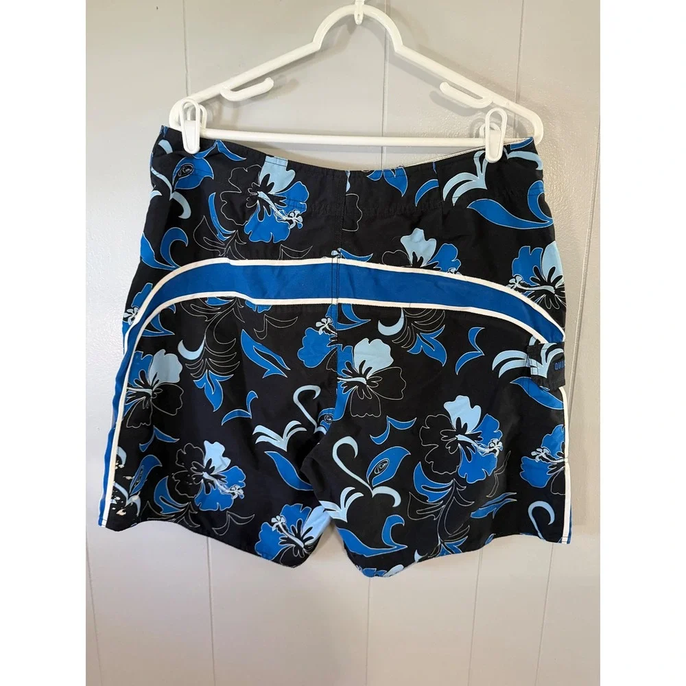 Quiksilver Edition Board Shorts Mens 34 Black Blue Tropical Hibiscus Floral Surf